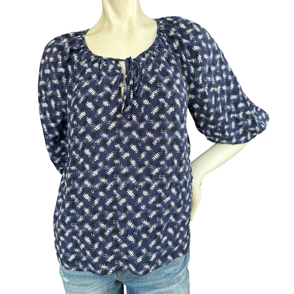 Rebecca Taylor 100% Silk Navy Blue White Printed High Neck 3/4 Sleeve Blouse 4